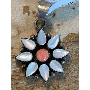 Vintage 925 Sterling Silver Floral Pendant With Abalone & Coral Inlay